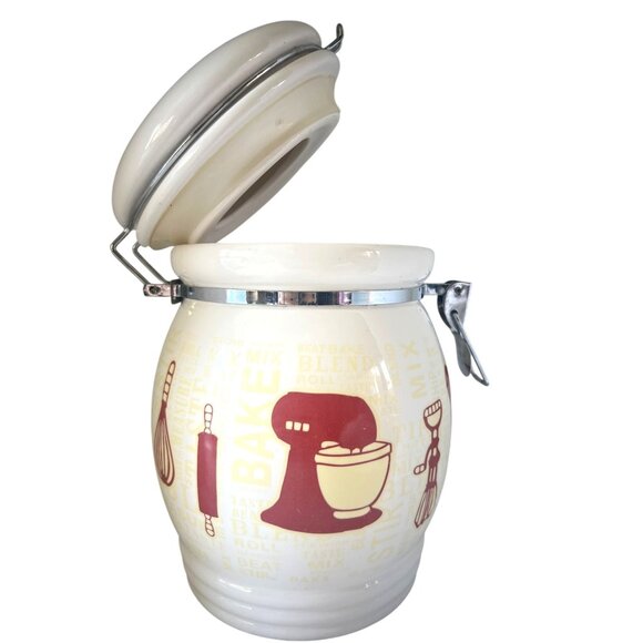 Retro Ceramic Kitchen Canister Hinged Lid Gasket Baking Pattern White Yellow Red - Picture 1 of 10